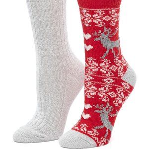 NWT Cuddl Duds | Haute Red & Gray Reindeer 2-Pair Boot Crew Socks Set